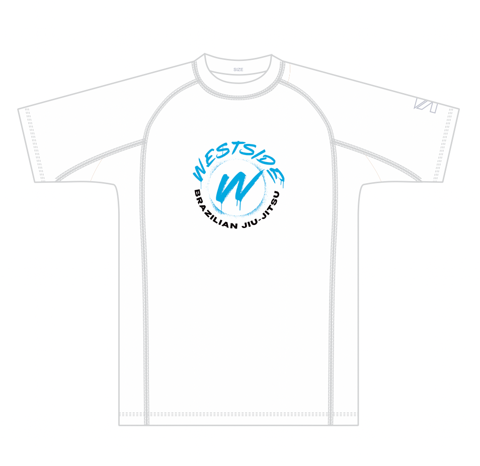 White rash guard with 'Westside Brazilian Jiu-Jitsu' logo on a white background