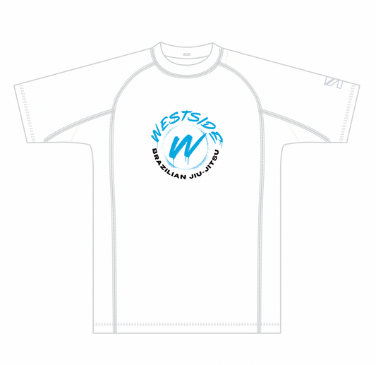 White rash guard with 'Westside Brazilian Jiu-Jitsu' logo on a white background
