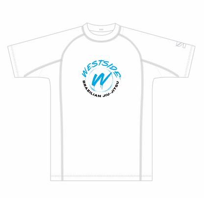 White rash guard with 'Westside Brazilian Jiu-Jitsu' logo on a white background