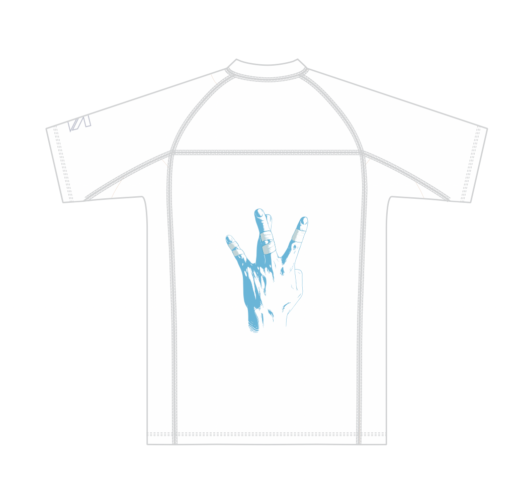 White t-shirt with blue hand gesture design on a white background