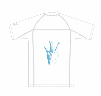 White t-shirt with blue hand gesture design on a white background